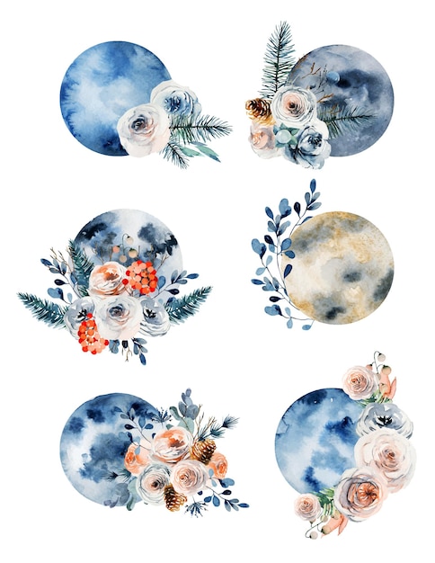 Conjunto De Aquarela Lua Cheia Em Decorações De Flores Vintage | Vetor ...