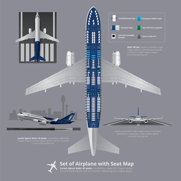 Conjunto de avião com ilustração de vetor de mapa de assento isolado Vetor Premium