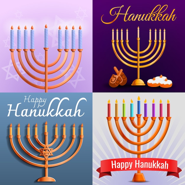 Conjunto de banner de hanukkah, estilo cartoon | Vetor Premium