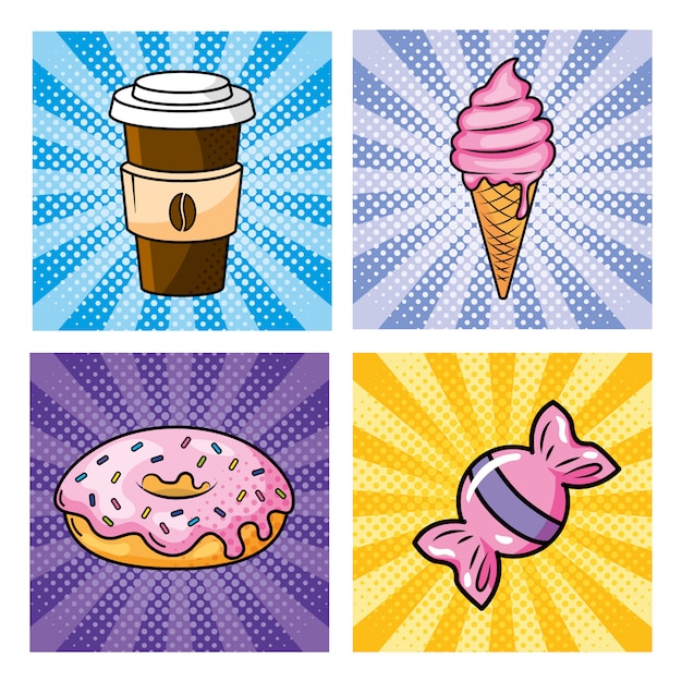 Conjunto de café de plástico com sorvete e donut com doce doce Vetor Premium