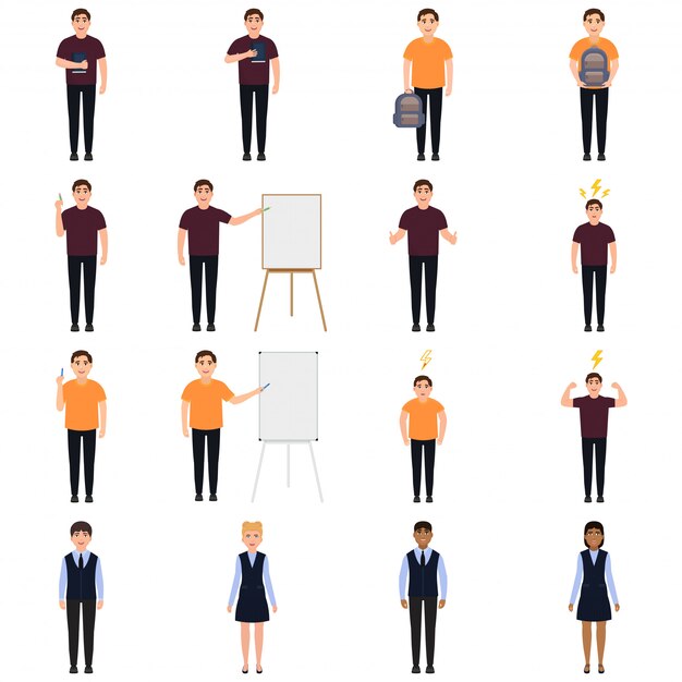 Conjunto de caracteres de crianças em idade escolar e professores no estilo cartoon Vetor Premium