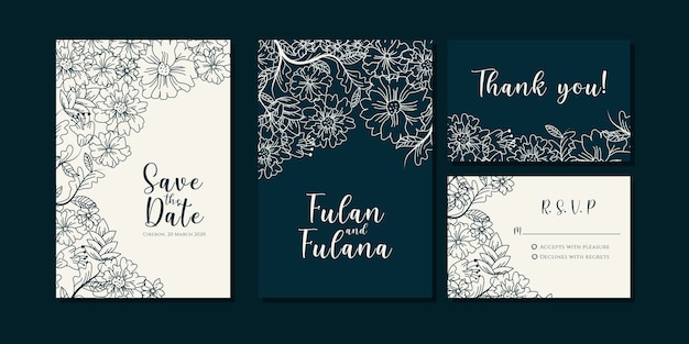 Conjunto de cartão de convite de casamento com modelo de fundo floral abstrata mão desenhada doodle grinalda botânica Vetor Premium