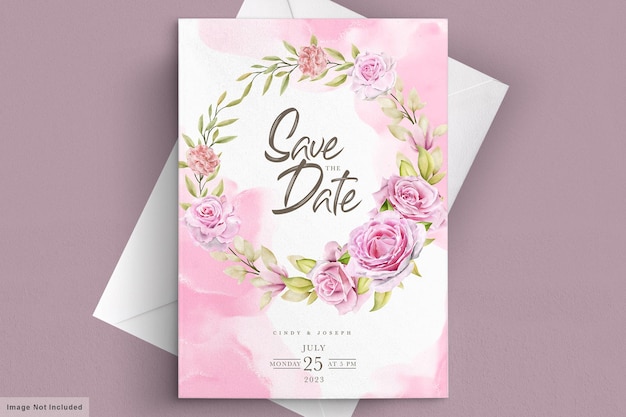 Conjunto de cartão de convite de rosas cor de rosa em aquarela Vetor Grátis