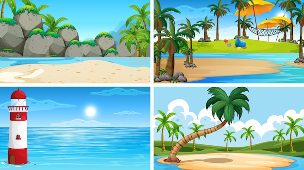 Conjunto de cenas de natureza tropical oceano com praias Vetor grátis