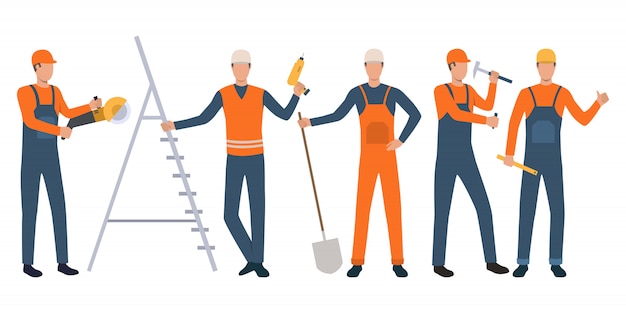 Conjunto de construtores e trabalhadores manuais em pé, segurando ferramentas e trabalhando Vetor grátis