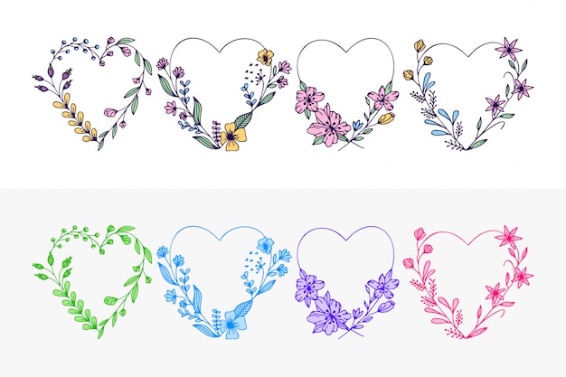 Conjunto de corações de grinalda de mão desenhada com flores estilizadas Vetor Premium