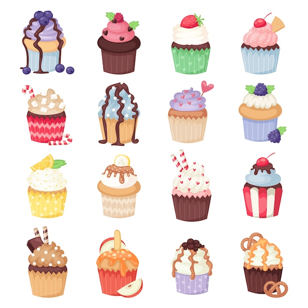 Conjunto de cupcakes vector fofo e muffins isolado no branco Vetor Premium