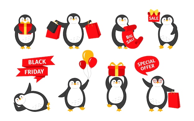 Conjunto De Desenhos Animados Do Pinguim De Sexta Feira Negra Sorriso Feliz Personagem Com Fundo De Venda Ou Bolha Do Discurso Colecao De Pinguins De Giro Liso Mao Desenhada Vetor Premium