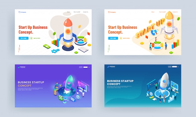 Conjunto de design de página de aterrissagem com ilustração de pessoas trabalhando juntas para o lançamento de um projeto bem-sucedido à empresa e elementos financeiros infográfico para negócios iniciar conceito. Vetor Premium