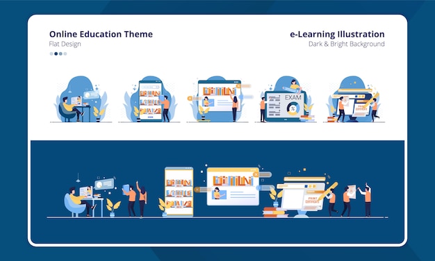 Conjunto de design plano de coleção com ilustração de aprendizagem on-line ou tema de educação on-line Vetor Premium