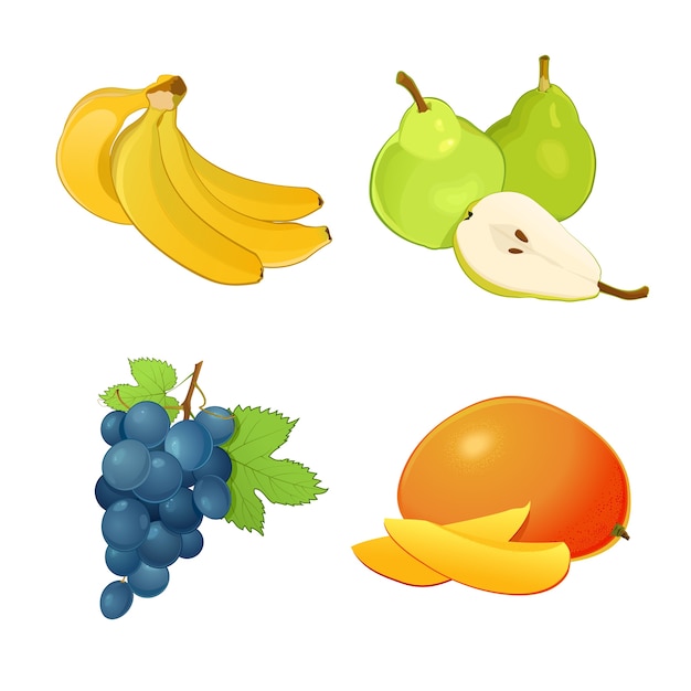 Conjunto De Diferentes Frutas Folhas Bananas Uvas Mangas E Peras