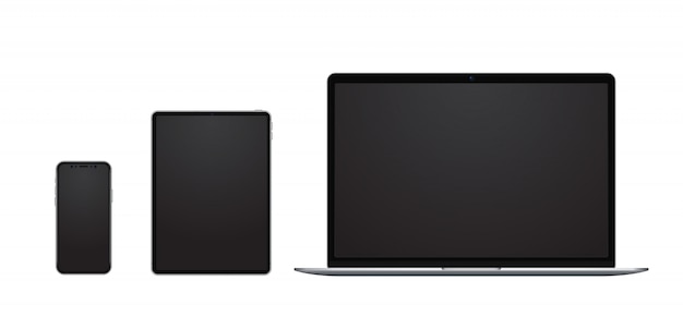 Conjunto de dispositivos, smartphone, tablet e laptop com telas em branco em estilo moderno sem moldura. Vetor Premium