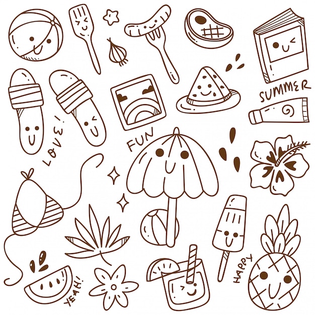 Conjunto de doodle de verão Vetor Premium
