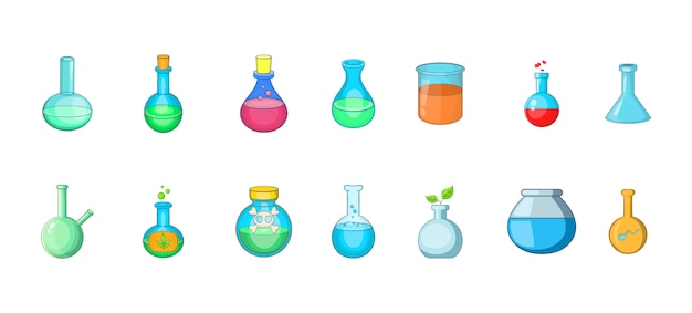 Conjunto de elemento de garrafa química. conjunto de desenhos animados de elementos do vetor de garrafa química Vetor Premium