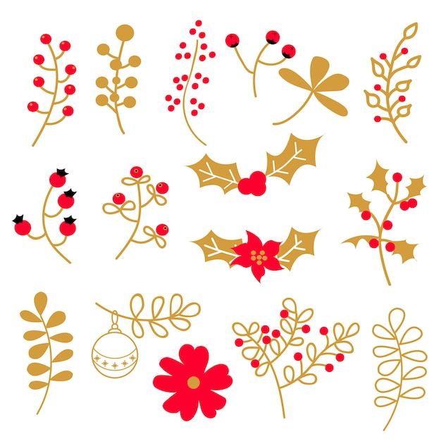 Conjunto de elementos de natal com flores Vetor Premium