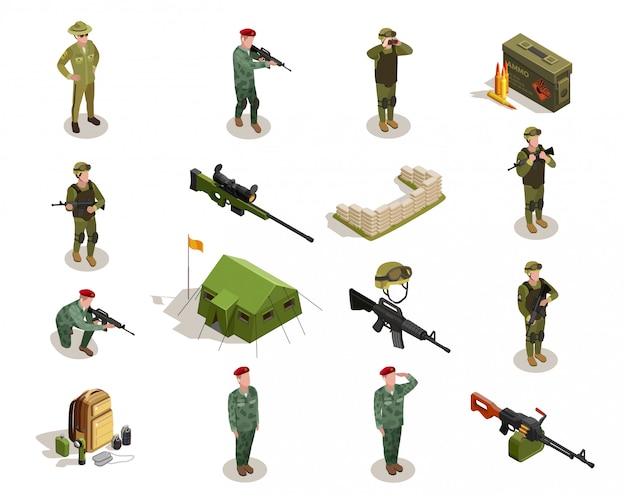 Conjunto de elementos isométrica militar do exército Vetor grátis