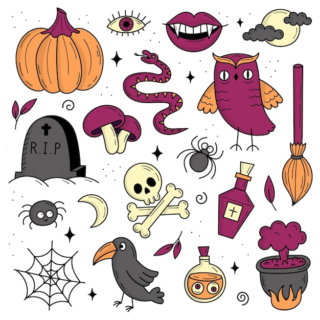 Conjunto de elementos para o halloween objetos assustadores místicos gatos abóboras