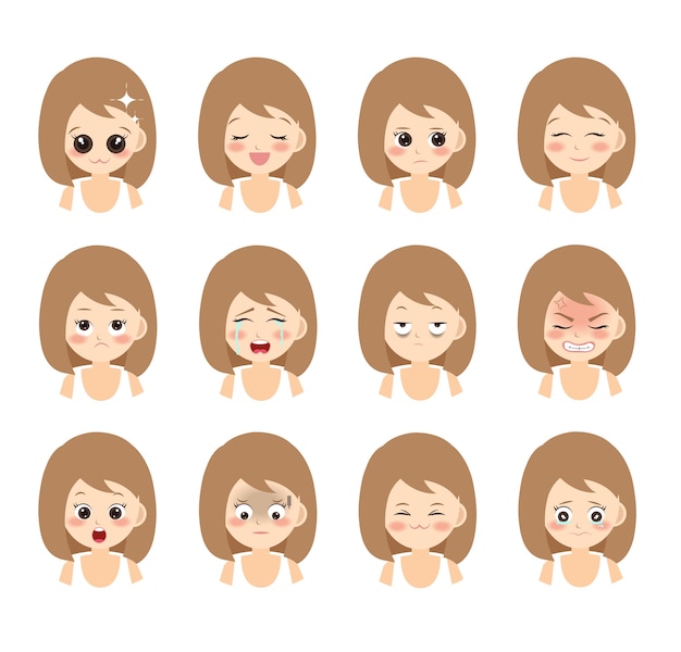 Conjunto de emoções da mulher. expressão facial. senhora com conjunto de expressões de rosto diferente. Vetor Premium