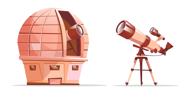 Conjunto de equipamentos de descoberta de astronomia dos desenhos animados. cúpula observatório com telescópio de rádio Vetor grátis