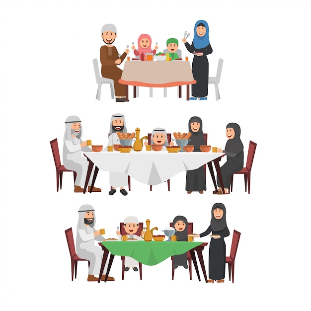 Conjunto de família muçulmana, apreciando o iftar Vetor Premium