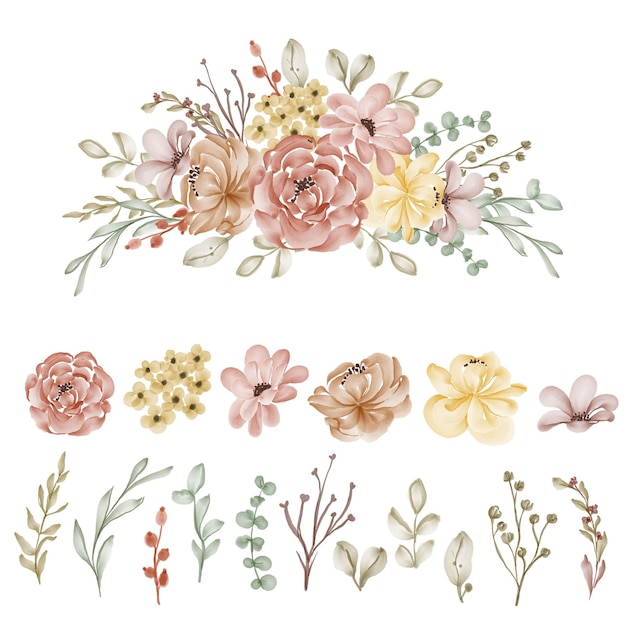 Conjunto De Flores E Folhas De Outono Clip Art Isolado Vetor Premium