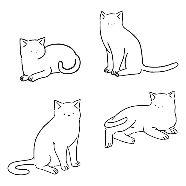 Conjunto De Gatos De Linha Mínima, Gatos Bonitos Doodle, Ilustração De ...