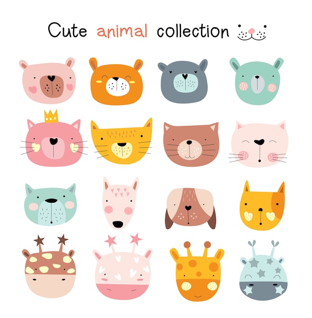 Conjunto de ícones de animais dos desenhos animados Vetor Premium