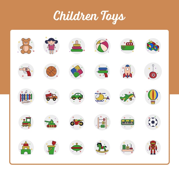 Conjunto de ícones de brinquedos de crianças com estilo preenchido de contorno Vetor Premium