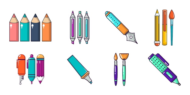 Conjunto de ícones de canetas. conjunto de desenhos animados de canetas vector conjunto de ícones isolado Vetor Premium