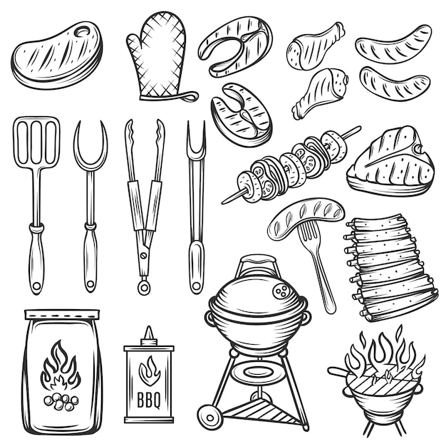 Conjunto de ícones de churrasco de mão desenhada Vetor Premium