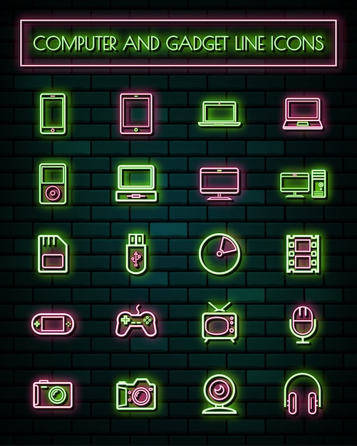 Conjunto de ícones de linha brilhante neon retrô gadget fino. Vetor Premium