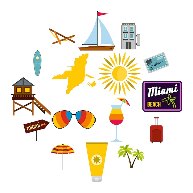 Conjunto de ícones de miami, estilo simples Vetor Premium