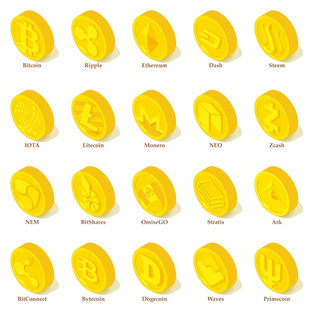 Conjunto de ícones de tipos de criptomoeda. ilustração isométrica de 25 tipos de criptomoeda vetor ícones para web Vetor Premium