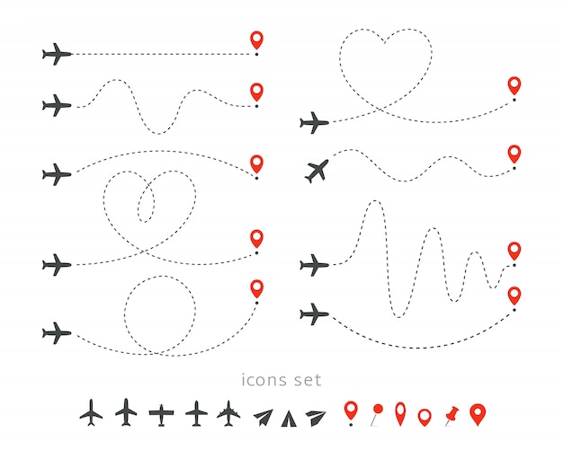 Conjunto de ícones de viagem de avião. decolagem e pouso de um avião de passageiros. elementos de infográfico de rota de voo. Vetor Premium