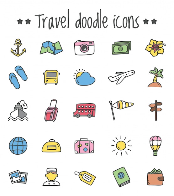 Conjunto de ícones de viagens no estilo doodle Vetor Premium