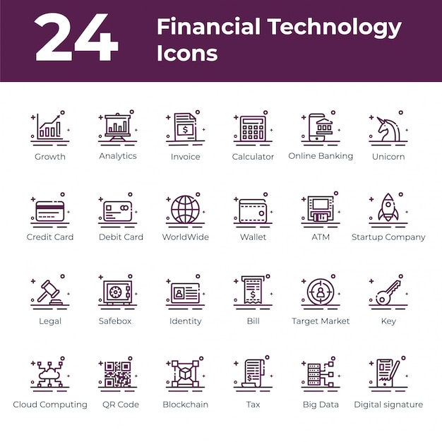 Conjunto de ícones do fintech em estilos de linha Vetor Premium