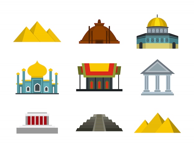 Conjunto de ícones do templo. conjunto plano de coleção de ícones vetoriais templo isolado Vetor Premium