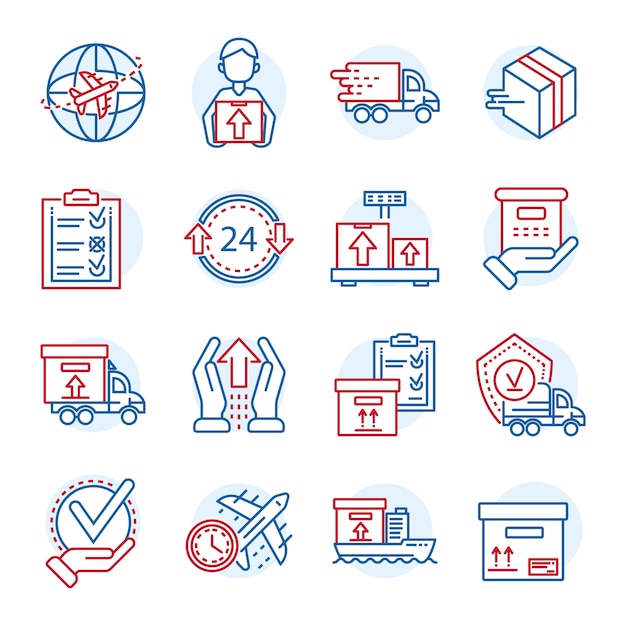 Conjunto de ícones globais de entrega de encomendas. outline set of global parcel delivery vector icons Vetor Premium