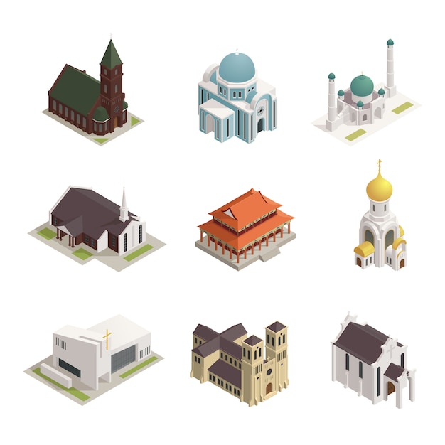 Conjunto de ícones isométrica de edifícios religiões do mundo Vetor grátis