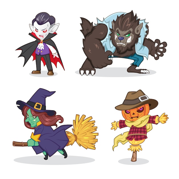 Conjunto De Ilustracao De Desenho Animado De Monstro De Halloween Vampiro Lobisomem Bruxa Espantalho Vetor Premium