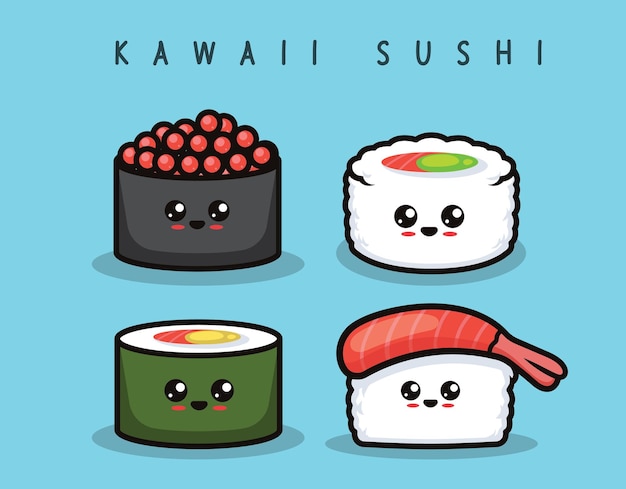 Conjunto de ilustração de desenho de mascote de sushi bonito kawaii