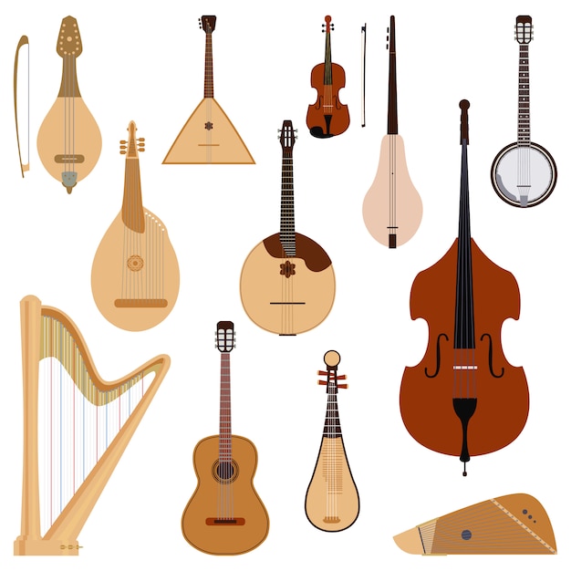 Conjunto De Instrumentos Musicais De Cordas Vetor Premium