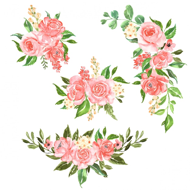 Conjunto De Lindo Arranjo De Flores Em Aquarela Rosa Rosa Vetor Premium