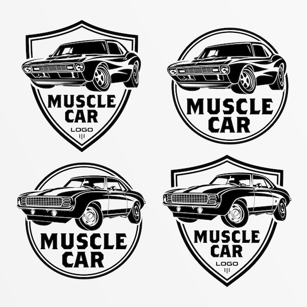 Conjunto de logotipo do carro do músculo, emblemas, distintivos. serviço de reparação de automóveis, restauração de automóveis e elementos de design do clube de carro. vetor. Vetor Premium