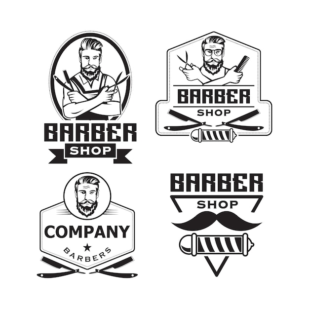Conjunto de logotipo emblema barbearia | Vetor Premium