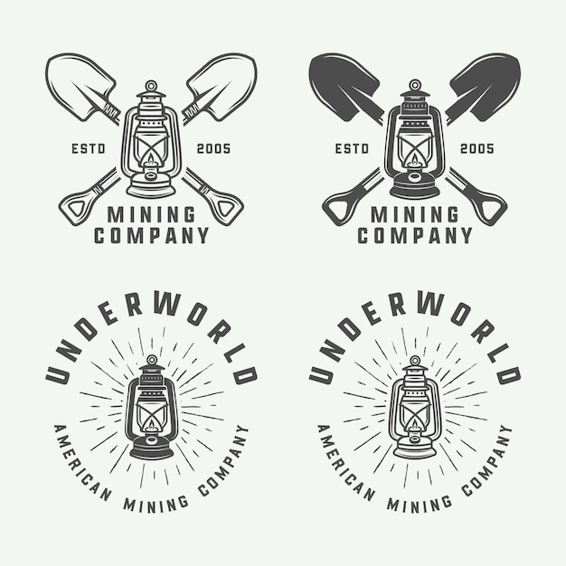 Conjunto de logotipos de mineração ou construção retrô, emblemas, distintivos e rótulos em estilo vintage. arte gráfica monocromática. Vetor Premium
