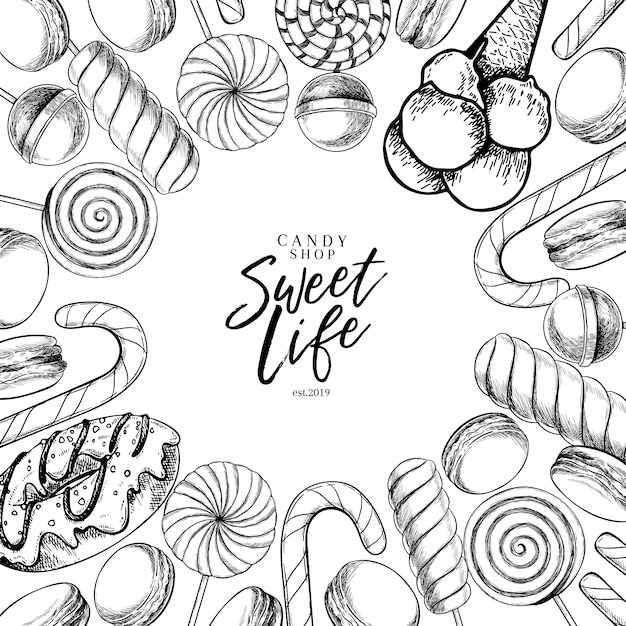 Conjunto de mão desenhada vector de doces doces. pirulitos de caramelo torcida, bastão de doces, macarons, donut. Vetor Premium