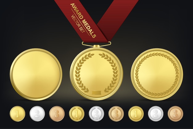 Conjunto De Medalhas De Ouro Prata E Bronze Vetor Premium