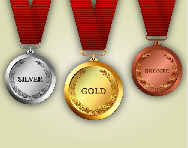 Conjunto De Medalhas De Ouro Prata E Bronze Vetor Premium