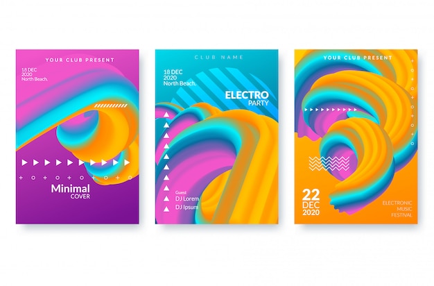 Conjunto de modelos de cartaz abstrato moderno com formas de fluxo 3d. Vetor Premium